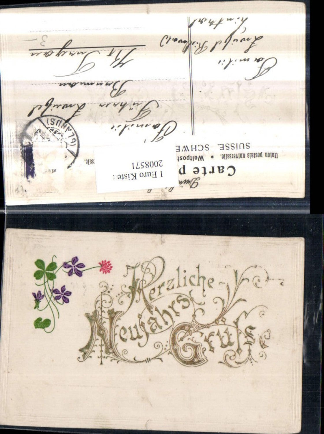 2008571,Präge AK Neujahr Schrift Schnörkel Blumen Klee