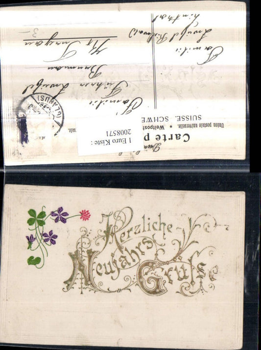 2008571,Präge AK Neujahr Schrift Schnörkel Blumen Klee