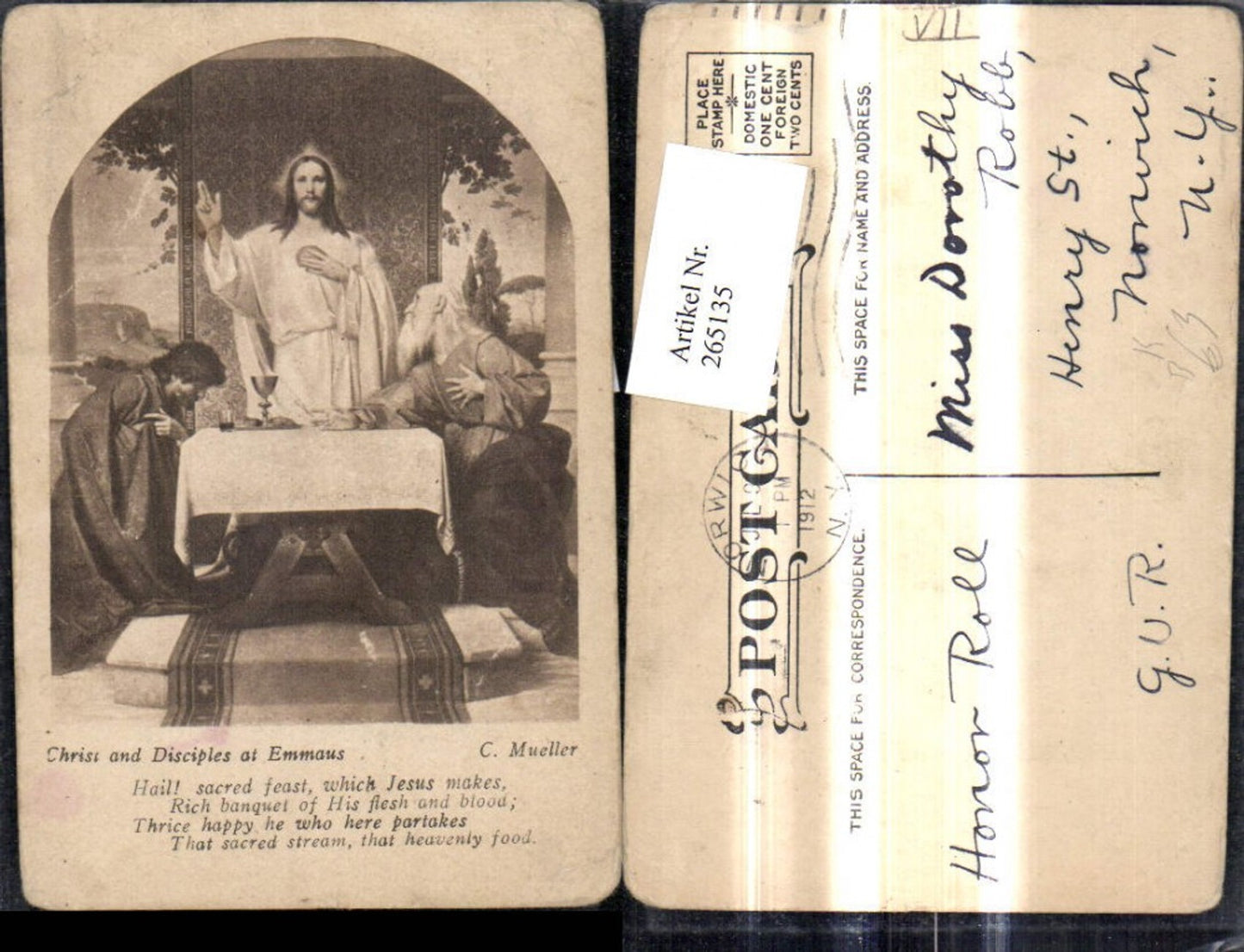 265135,Künstler Ak C. Mueller Christ and Disciples at Emmaus Spruch Text Religion