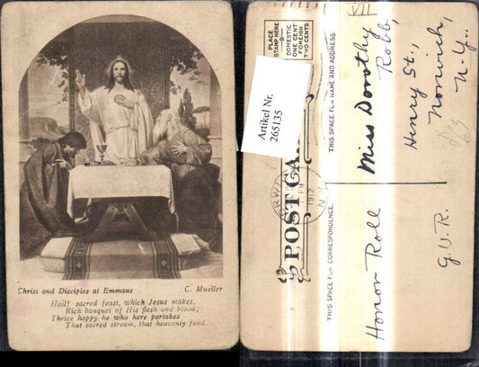 265135,Künstler Ak C. Mueller Christ and Disciples at Emmaus Spruch Text Religion
