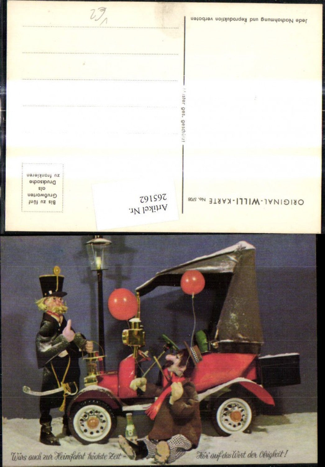 265162,Original Willi Karte 5708 Mann Automobil Auto Betrunkener m. Flasche Polizei Spruch