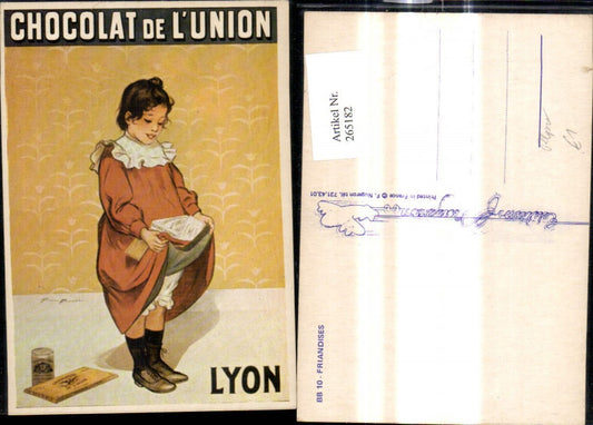 265182,Repro Reklame Chocolat de L Union Lyon Mädchen m. Schürze Schokolade Packungen Friandises