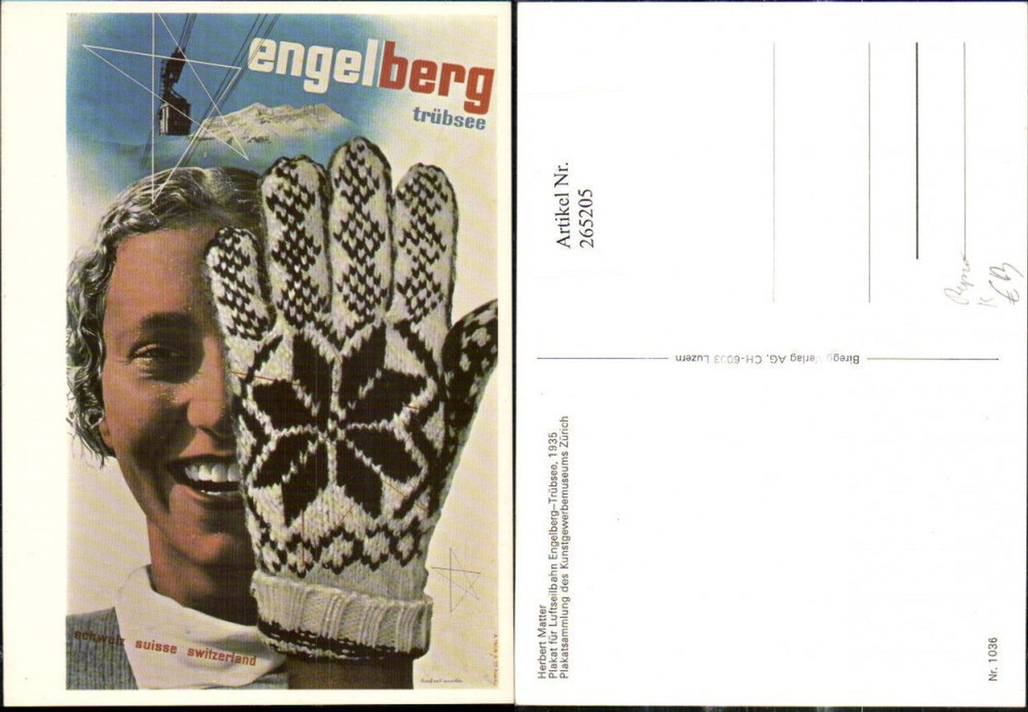 265205,Repro Reklame Herbert Matter Plakat f. Luftseilbahn Engelberg Trübsee 1935 Frau Handschuh
