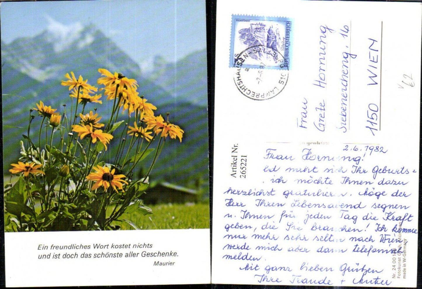 265221,Fotokunst Groh 2400146 Blumen Sonnenhut Bergkulisse Spruch Maurier