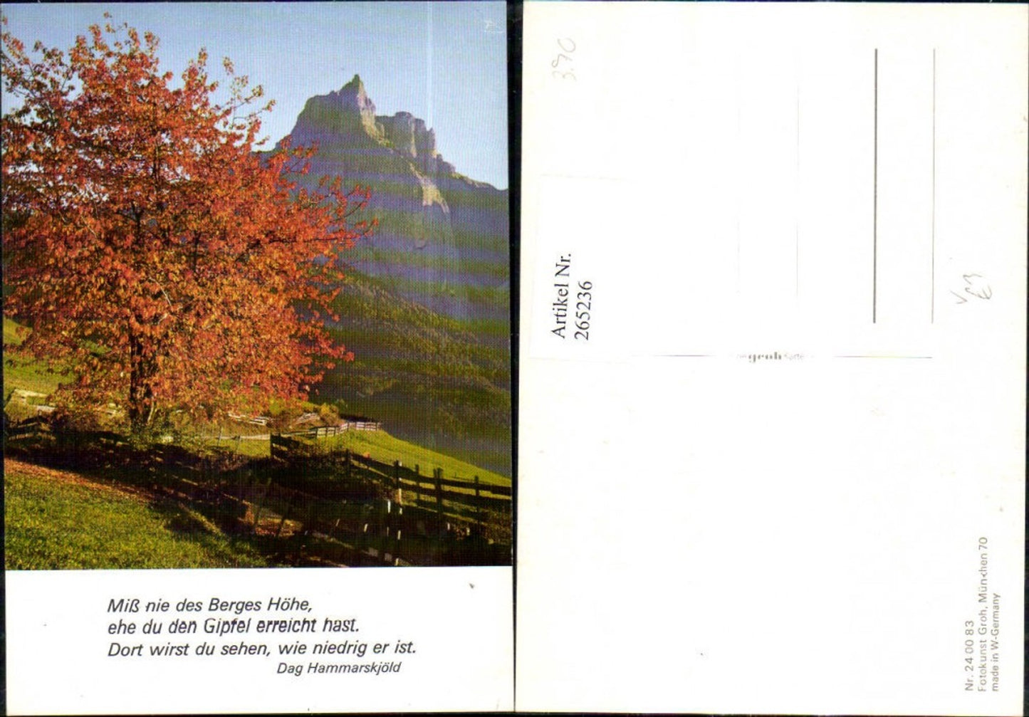 265236,Fotokunst Groh 240083 Laubbaum Baum i. Herbststimmung Bergkulisse Holzzaun Spruch Dag Hammarskjöld