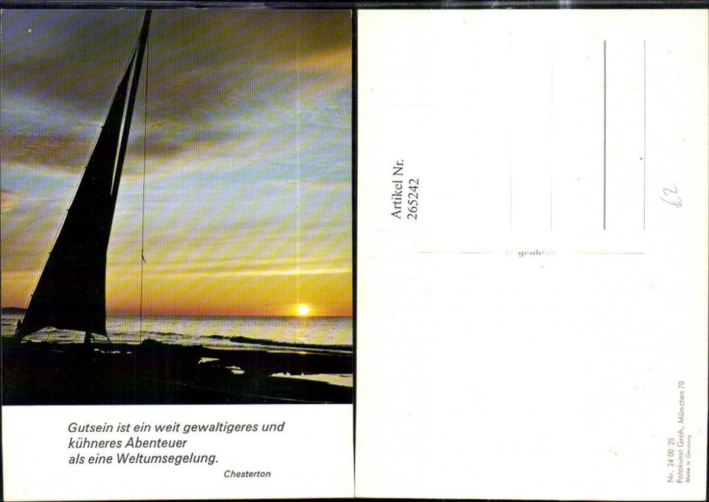 265242,Fotokunst Groh 240025 Segelboot a. Ufer See Sonnenuntergang Spruch Chesterton