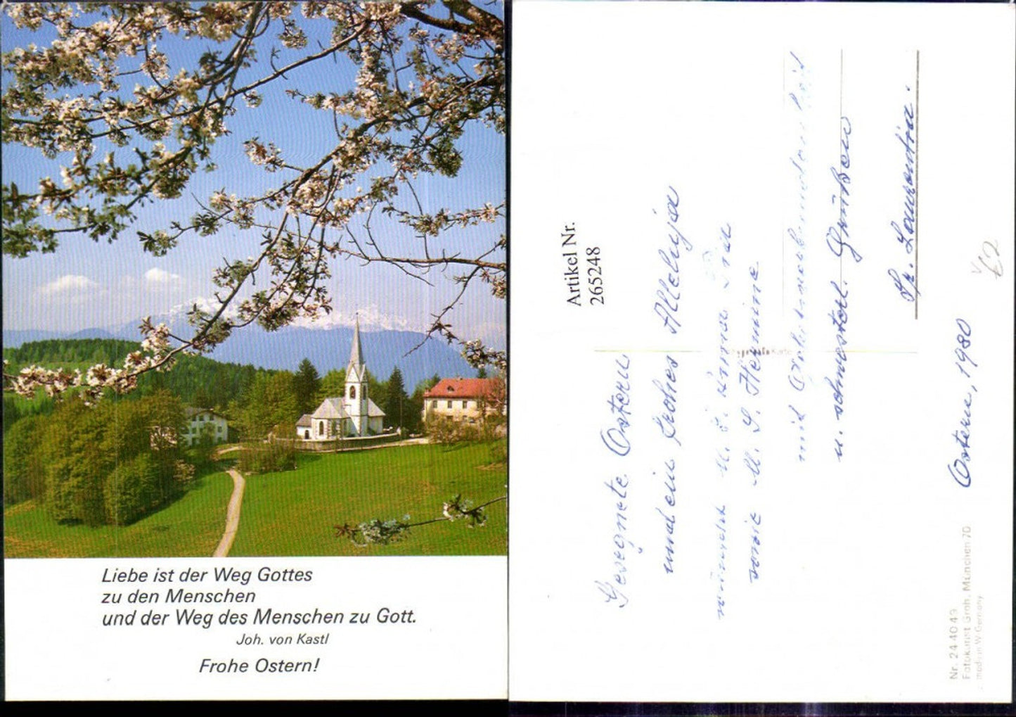 265248,Fotokunst Groh 244049 Kirche Dorf Bergkulisse Baumblüte i. Vordergrund Spruch Joh. von Kastl