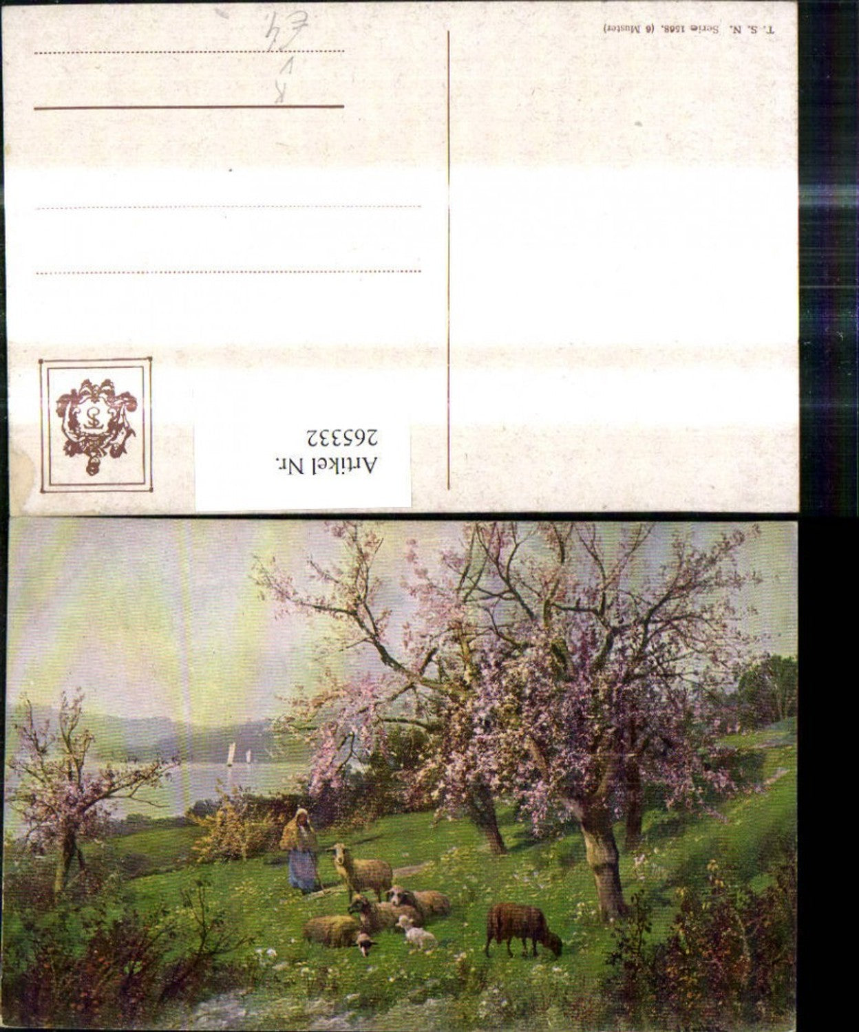 265332,Theo Stroefer 1568/6 Frau Hirtin m. Schafe Baumblüte Landschaft