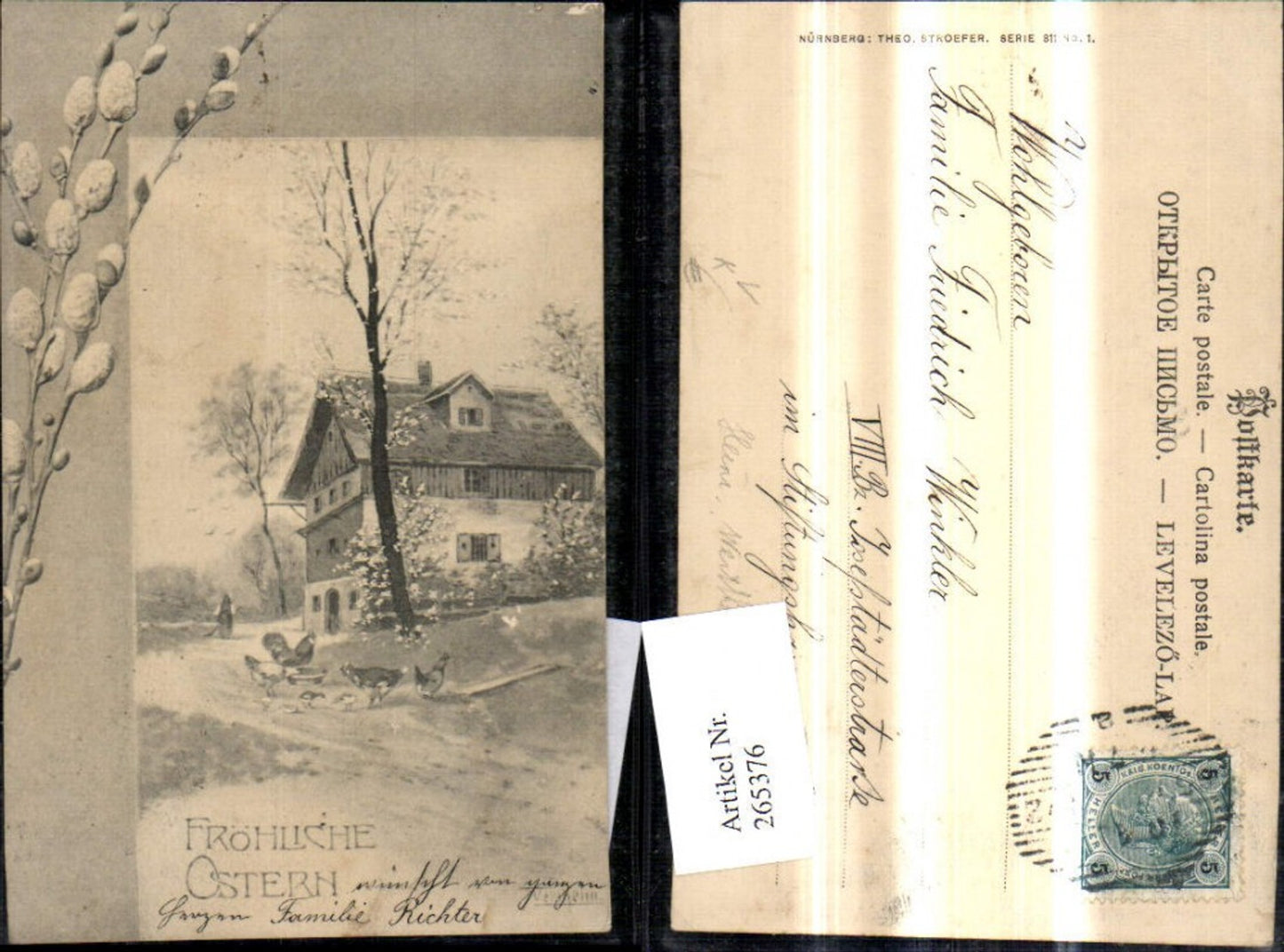 265376,Theo Stroefer 811/1 Künstler Ak Heinrich Wertheim Bauernhaus Hühner Palmkätzchenzweige Ostern