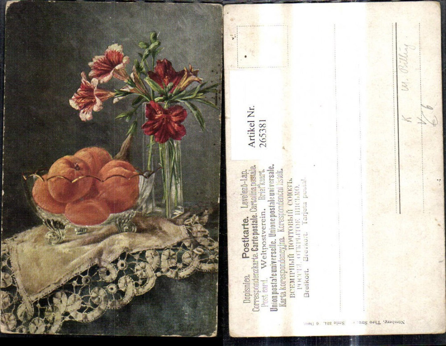 265381, Theo Stroefer 334/6 Artist Ak M. Billing Still life Bowl with oranges Vase with lilies Flowers Flower vase