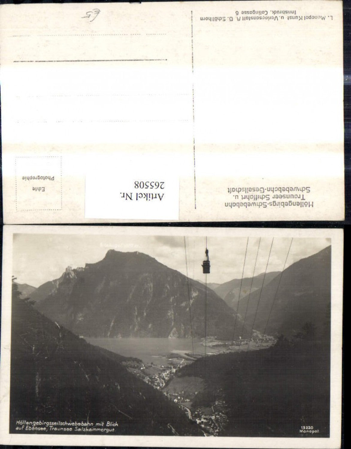 265508,Foto Ak Feuerkogelbahn Ebensee Seilbahn Blick a. Traunsee Höllengebirgsseilschwebebahn