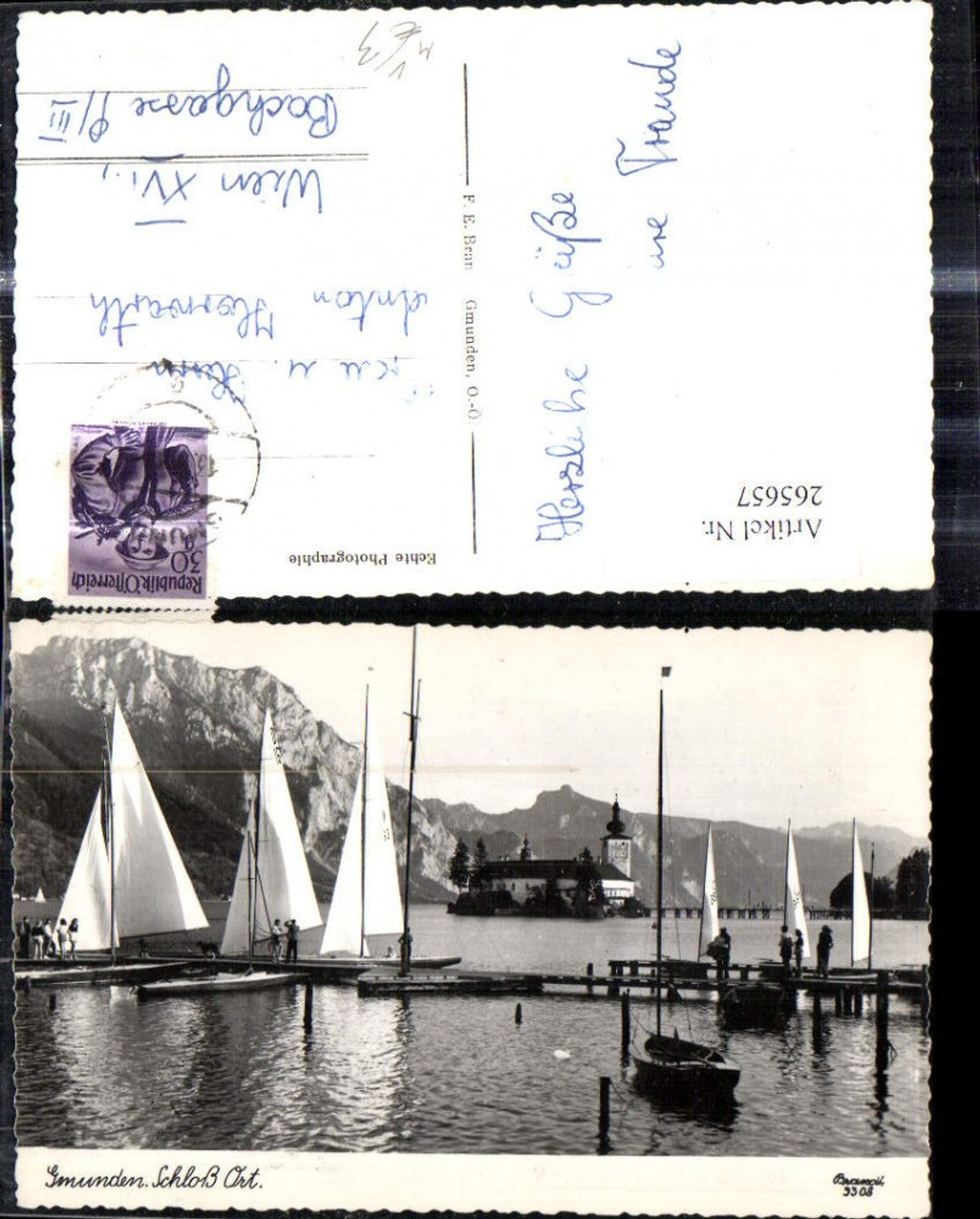 265657,Foto Ak Gmunden Schloss Ort Orth Segelboote Boote Hafen Steg pub F. E. Brandt 9308
