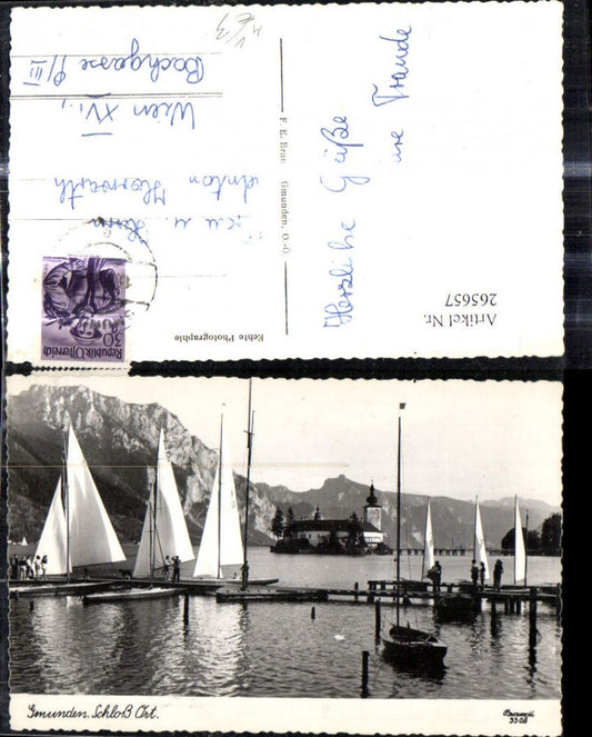 265657,Foto Ak Gmunden Schloss Ort Orth Segelboote Boote Hafen Steg pub F. E. Brandt 9308