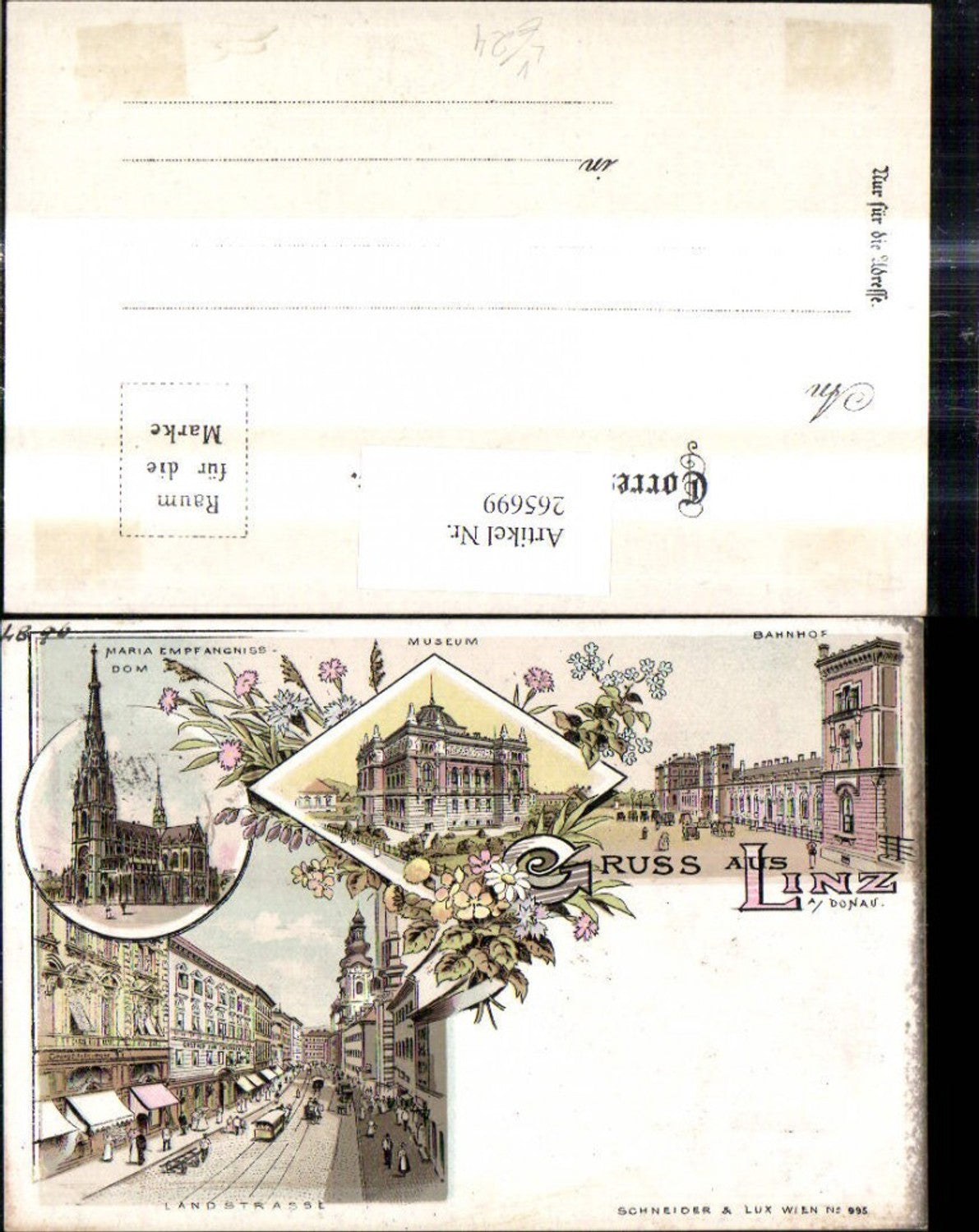 265699,Litho Gruß a. Linz a. d. Donau Museum Bahnhof Landstrasse pub Schneider u. Lux 995