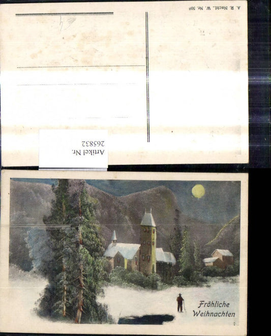 265832, Artist Ak Christmas Man in Winter Village Church by Moonlight