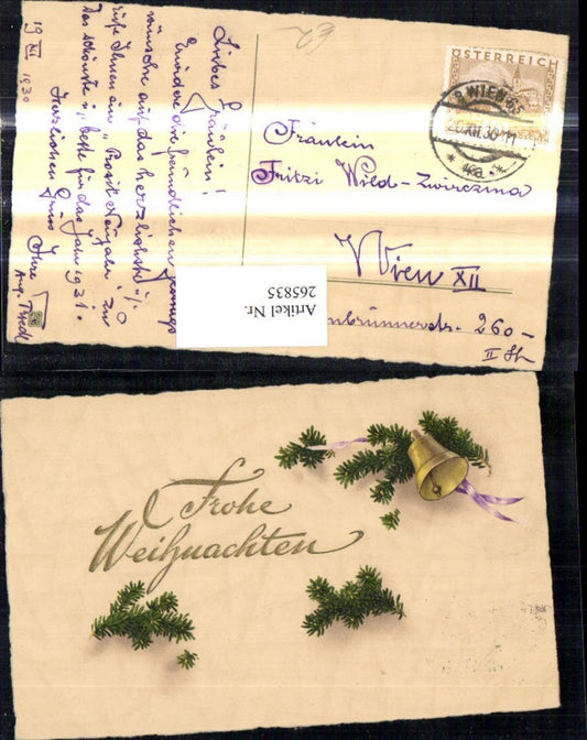 265835, Artist Ak Christmas Fir branches Bell Ribbon Gold lettering