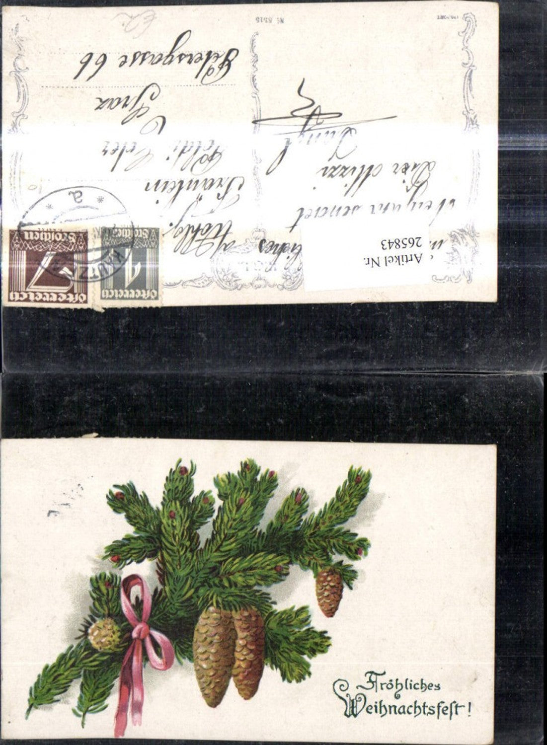 265843,Künstler Ak Weihnachten Tannenzweig Schleife Zapfen