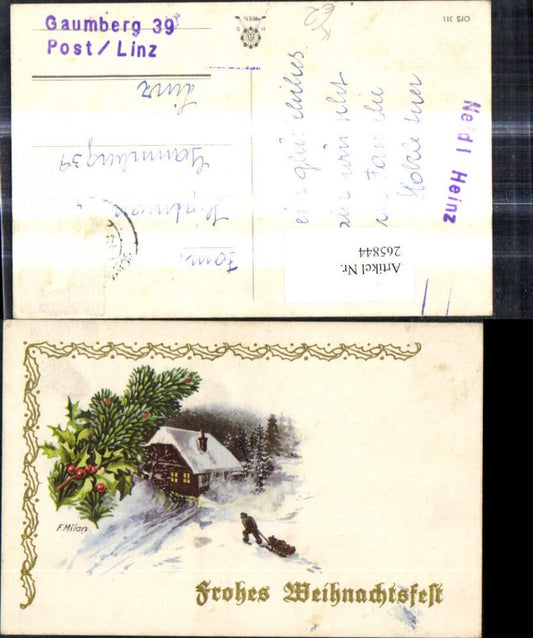 265844, Artist Ak F. Milan Christmas Man with Sleigh House Winter Landscape Fir Branch Holly