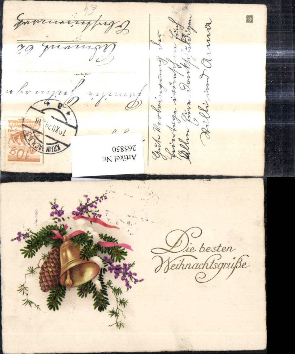 265850, Artist Ak Christmas Fir branch Bell Cone Flowers Ribbon Gold lettering