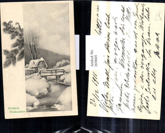 265865, Artist Ak Christmas House Bridge Stream Winter Landscape Passepartout Fir Branches with Birds pub HWB 148