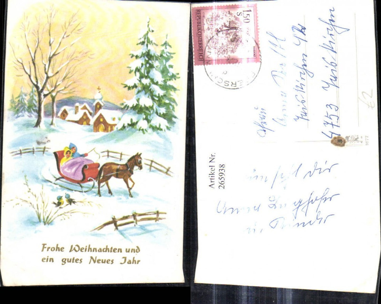 265938, Artist Ak Christmas Children with horse-drawn sleigh Winter village landscape