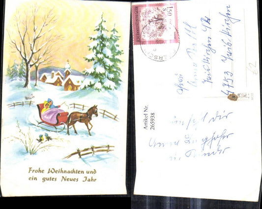 265938, Artist Ak Christmas Children with horse-drawn sleigh Winter village landscape