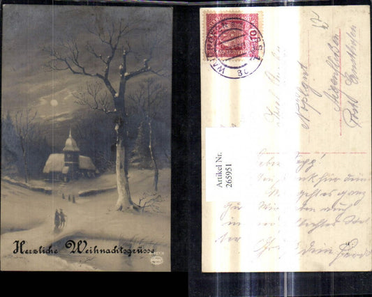 265951, Artist Ak Christmas People walking to church Winter forest by moonlight