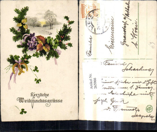 265966, Artist Ak Christmas Fir branches Flowers Ribbon Horseshoe Clover