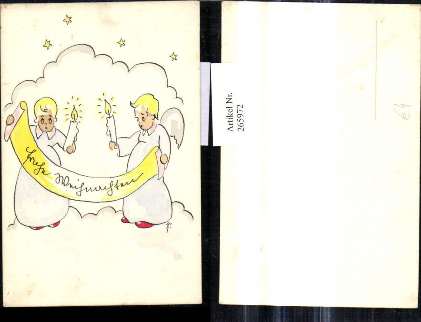265972, Artist Ak Christmas Angel with Candles Paper Roll Cloud Stars