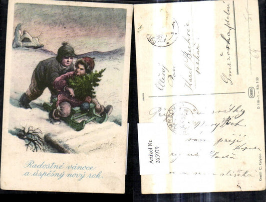 265979, Artist Ak C. Kotysan Christmas Children with Sled Toboggan Christmas Tree Winter Landscape