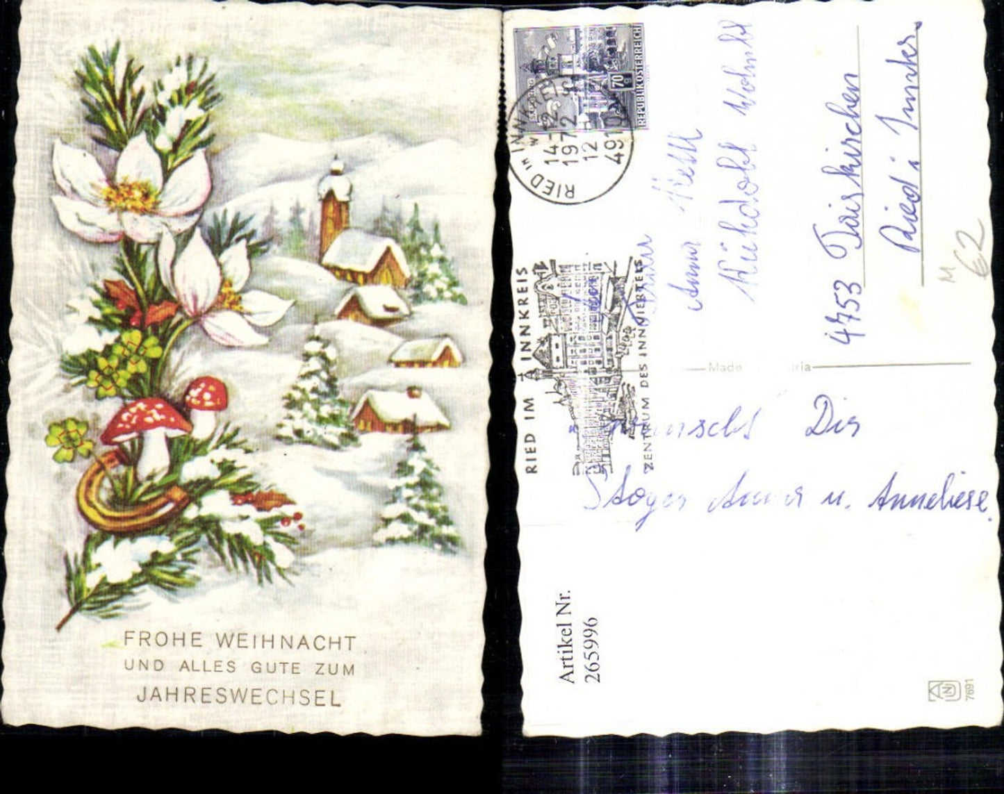 265996, Artist Ak Christmas Winter Village Fir Branch with Snow Rose Horseshoe Fly Agaric Clover