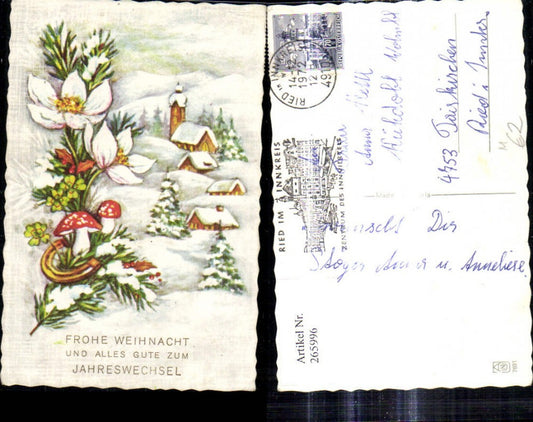 265996, Artist Ak Christmas Winter Village Fir Branch with Snow Rose Horseshoe Fly Agaric Clover