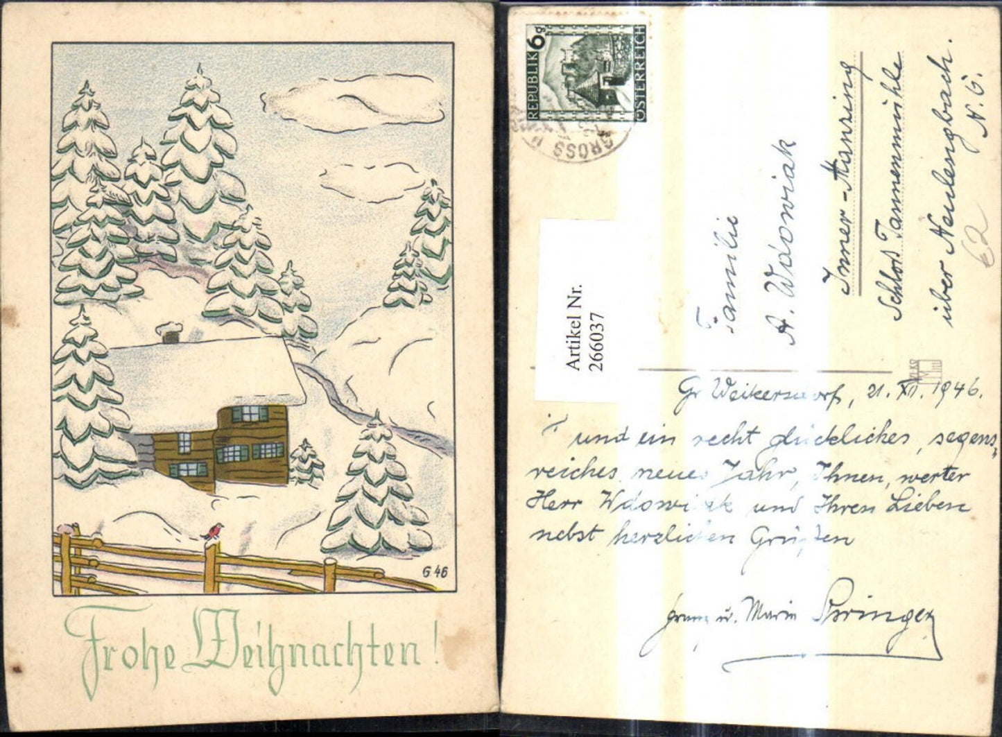 266037, Artist Ak Christmas House Winter Forest Fence Bird