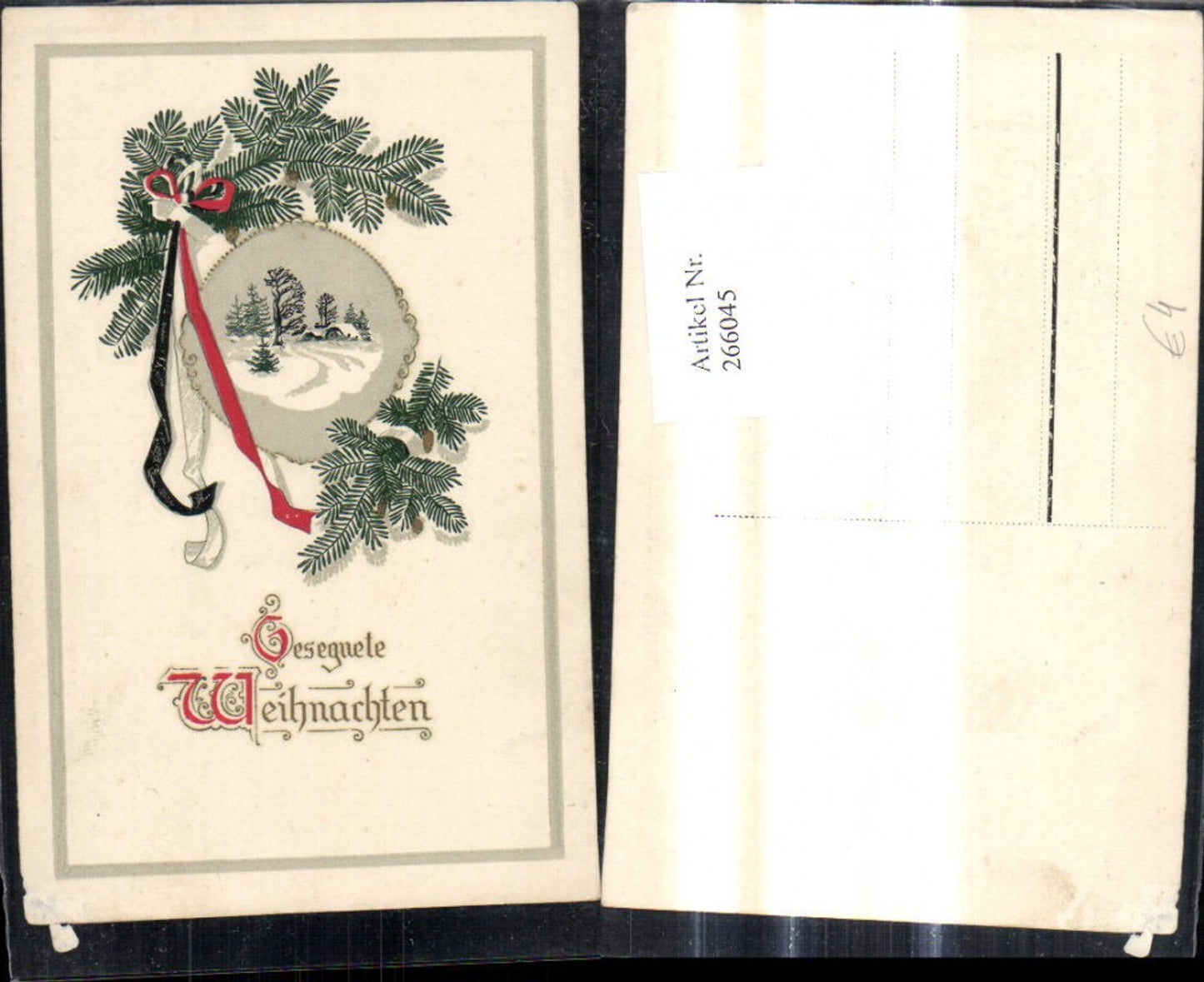 266045, Artist AK Christmas Winter landscape Passepartout Fir branches Ribbon Patriotism