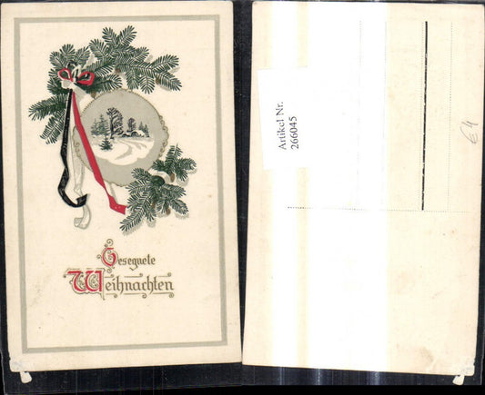 266045, Artist AK Christmas Winter landscape Passepartout Fir branches Ribbon Patriotism