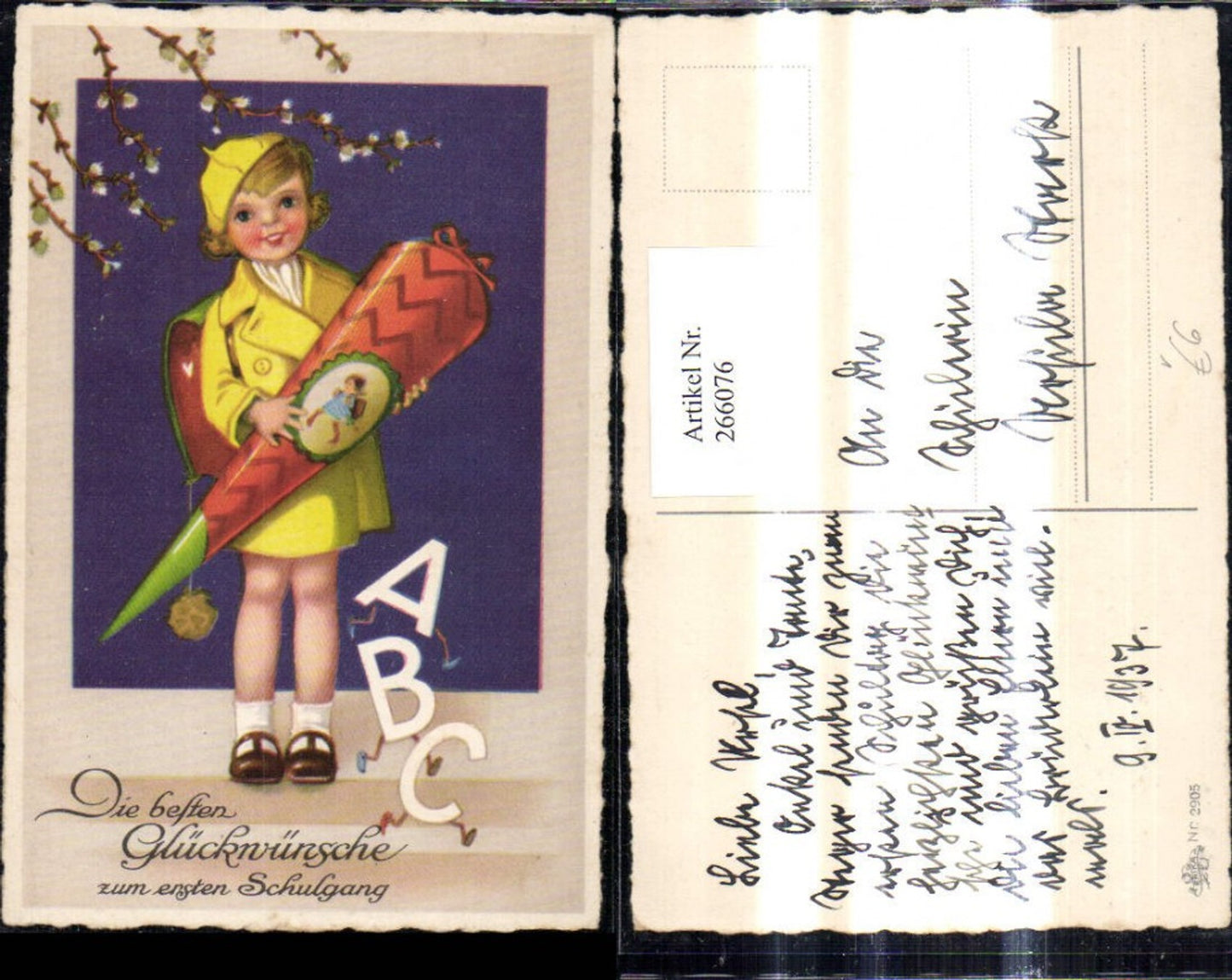 266076,Künstler Ak Schulanfang Einschulung Mädchen m. Schultüte Schultasche Laufende Buchstaben ABC pub Erika 2905