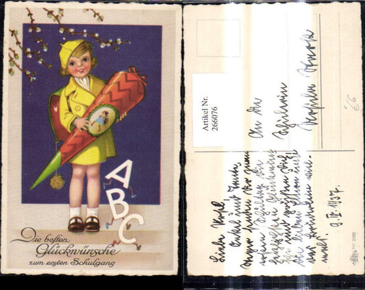 266076,Künstler Ak Schulanfang Einschulung Mädchen m. Schultüte Schultasche Laufende Buchstaben ABC pub Erika 2905