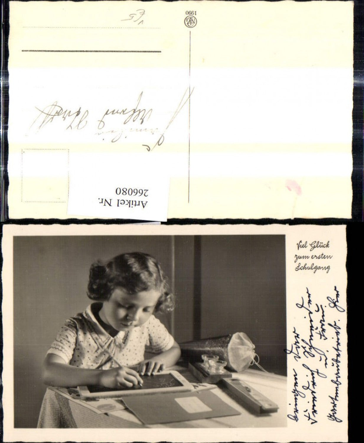 266080,Schulanfang Einschulung Mädchen schreibt a. Tafel Schultüte Heft pub NPG 1990