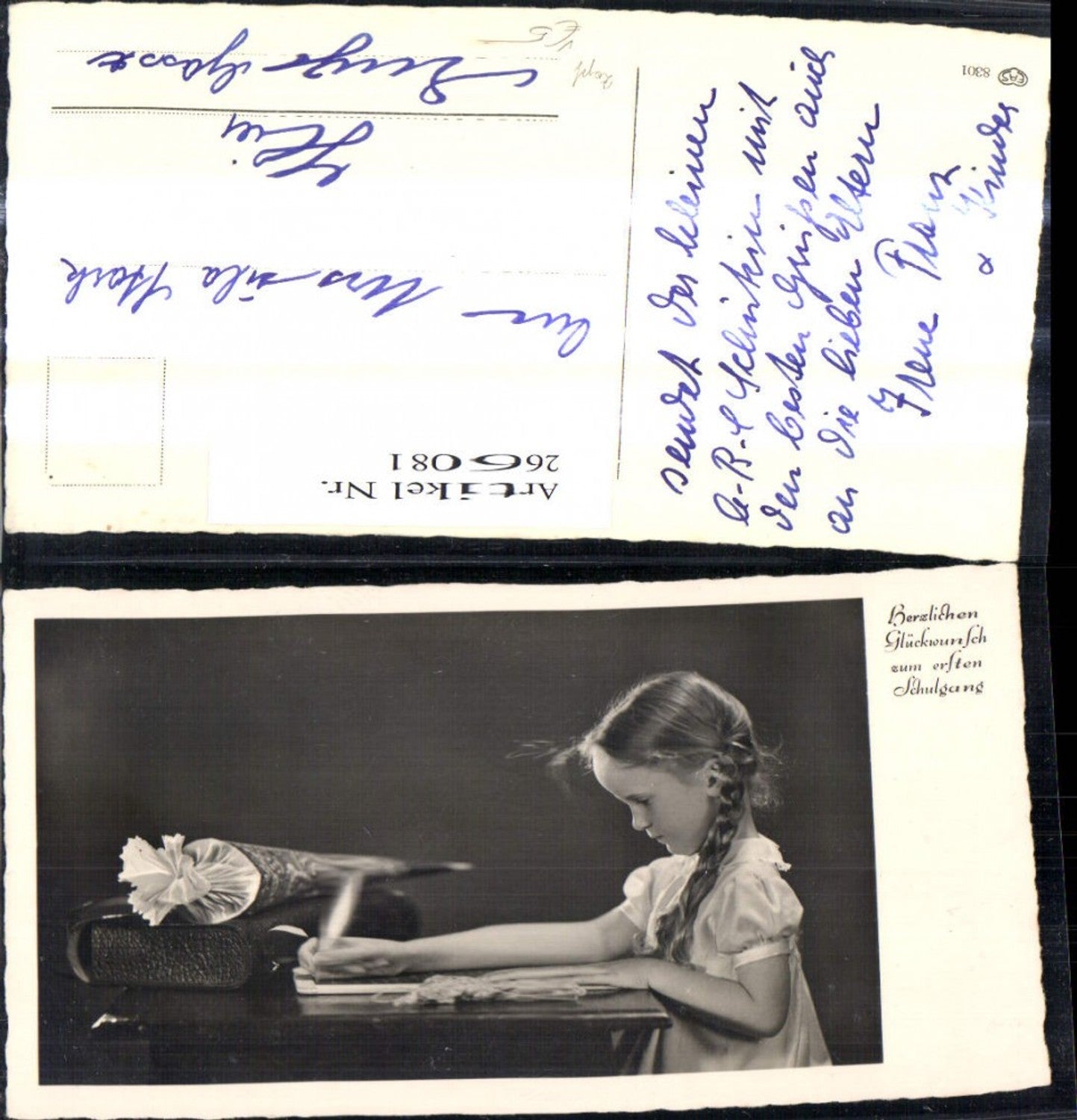 266081,Schulanfang Einschulung Mädchen m. Zöpfe schreibt a. Tafel Schultasche Schultüte pub EAS 8301