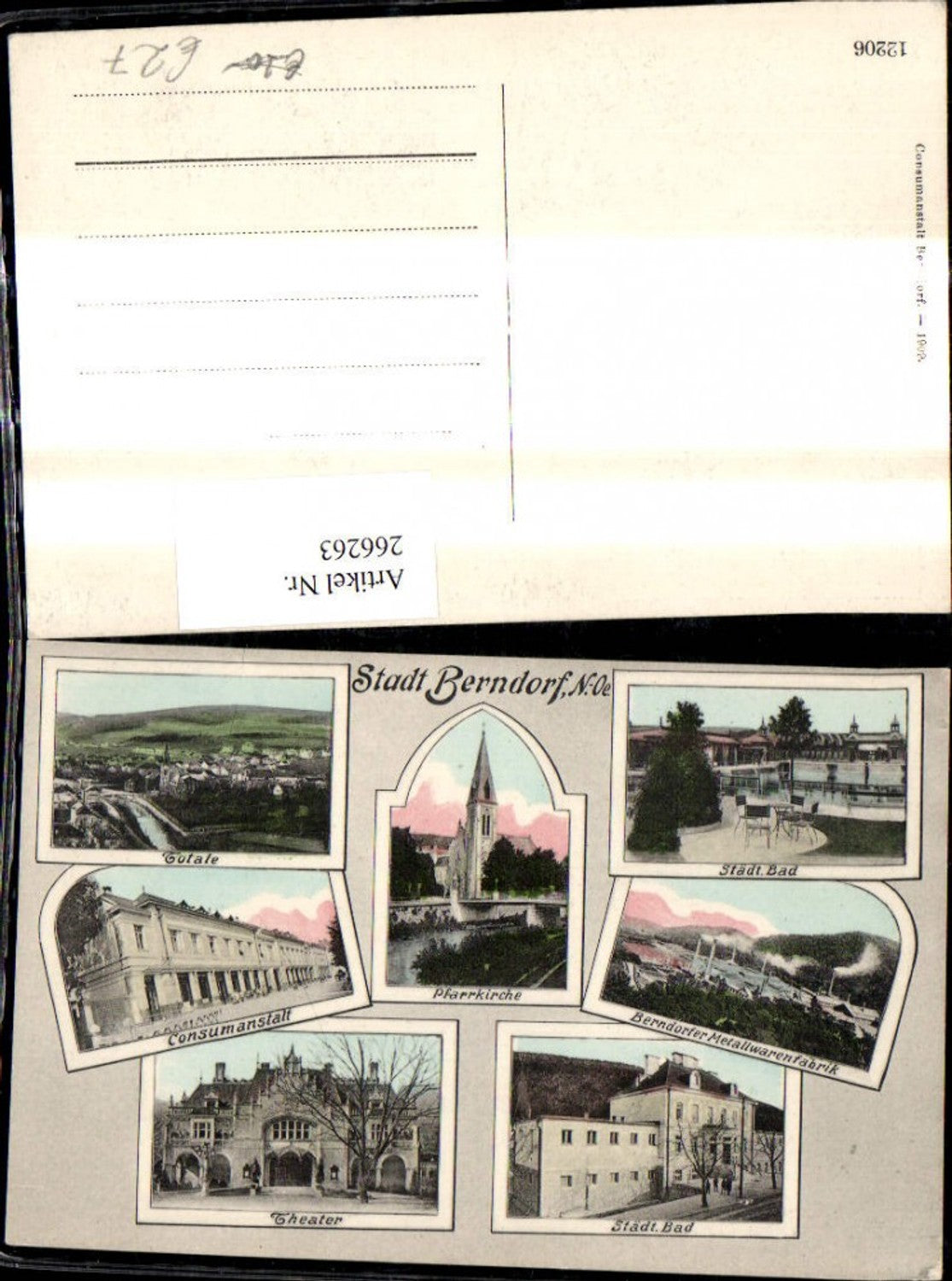 266263,Mehrbild Ak Stadt Berndorf Totale Consumanstalt Theater Städt. Bad Berndorfer Metallwarenfabrik Pfarrkirche