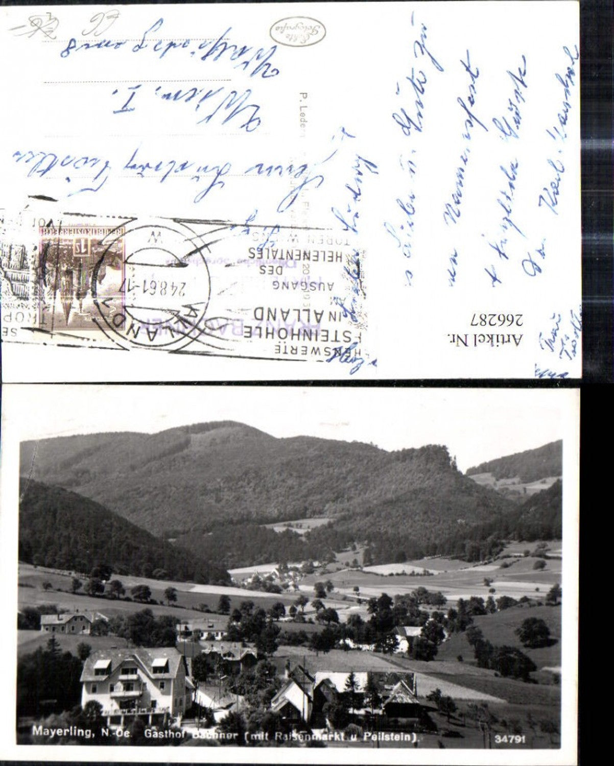 266287,Foto Ak Mayerling Gasthof Bachner m. Raisenmarkt u. Peilstein i. Hintergrund