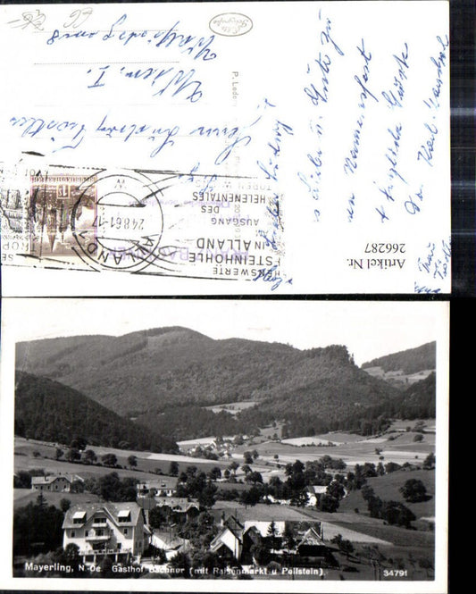 266287,Foto Ak Mayerling Gasthof Bachner m. Raisenmarkt u. Peilstein i. Hintergrund