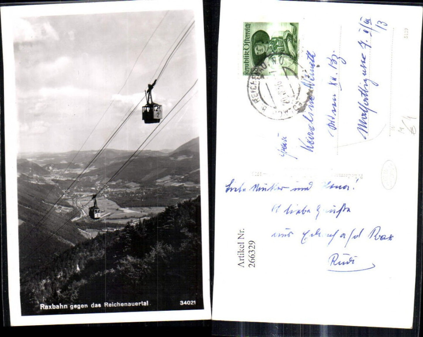 266329,Foto Ak Raxbahn geg. d. Reichenauertal Gondel Seilbahn b. Edlau b. Reichenau