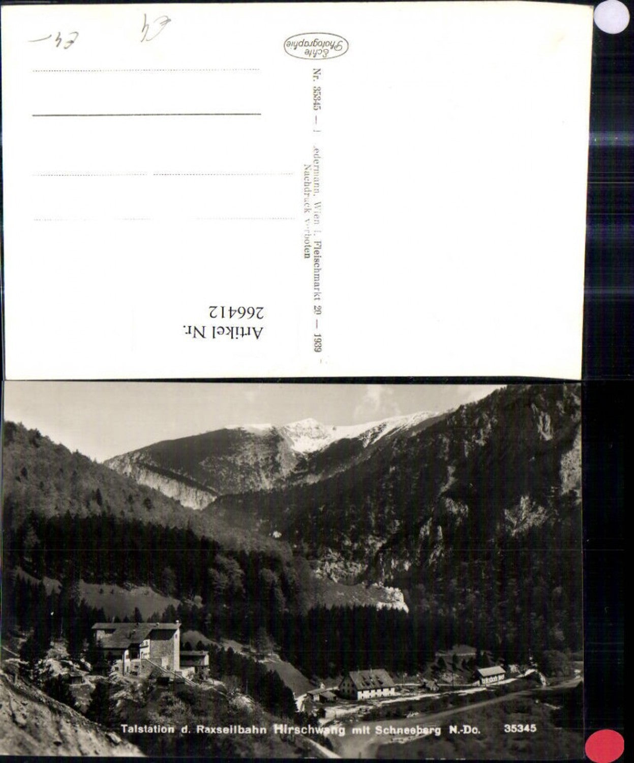 266412,Foto Ak Talstation d. Raxseilbahn Hirschwang m. Schneeberg