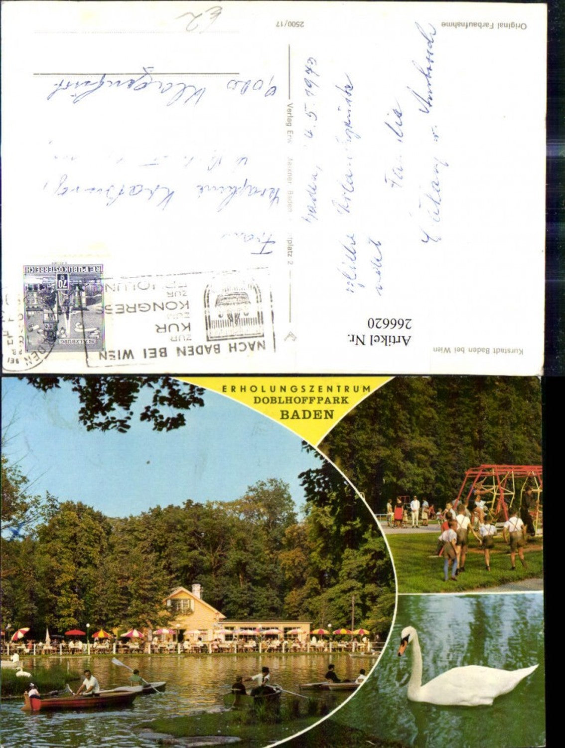 266620,Mehrbild Ak Baden b. Wien Doblhoffpark Ruderboot Schwäne Spielplatz Spielgeräte