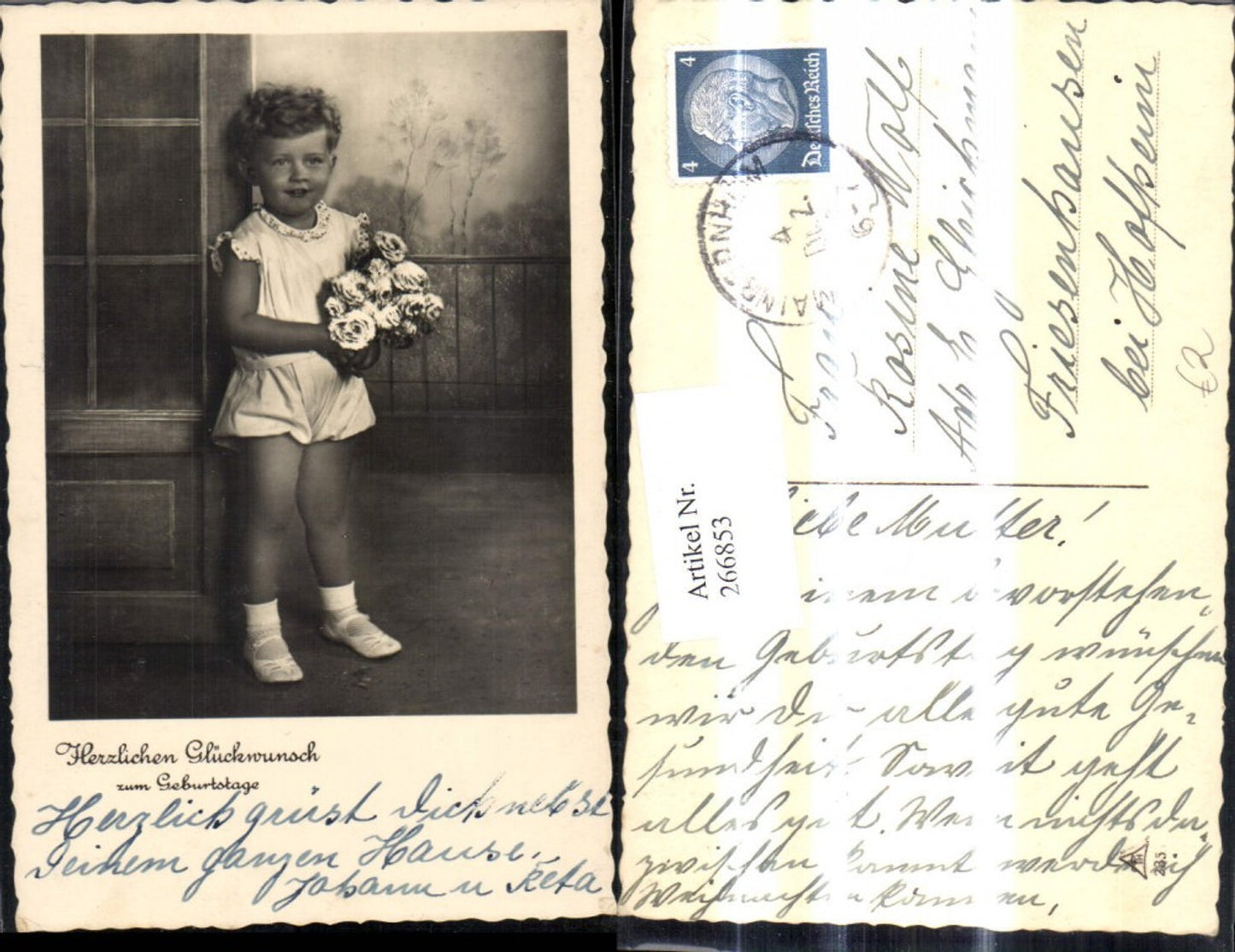 266853,Kind Mädchen m. Rosen Rosenstrauß Geburtstag