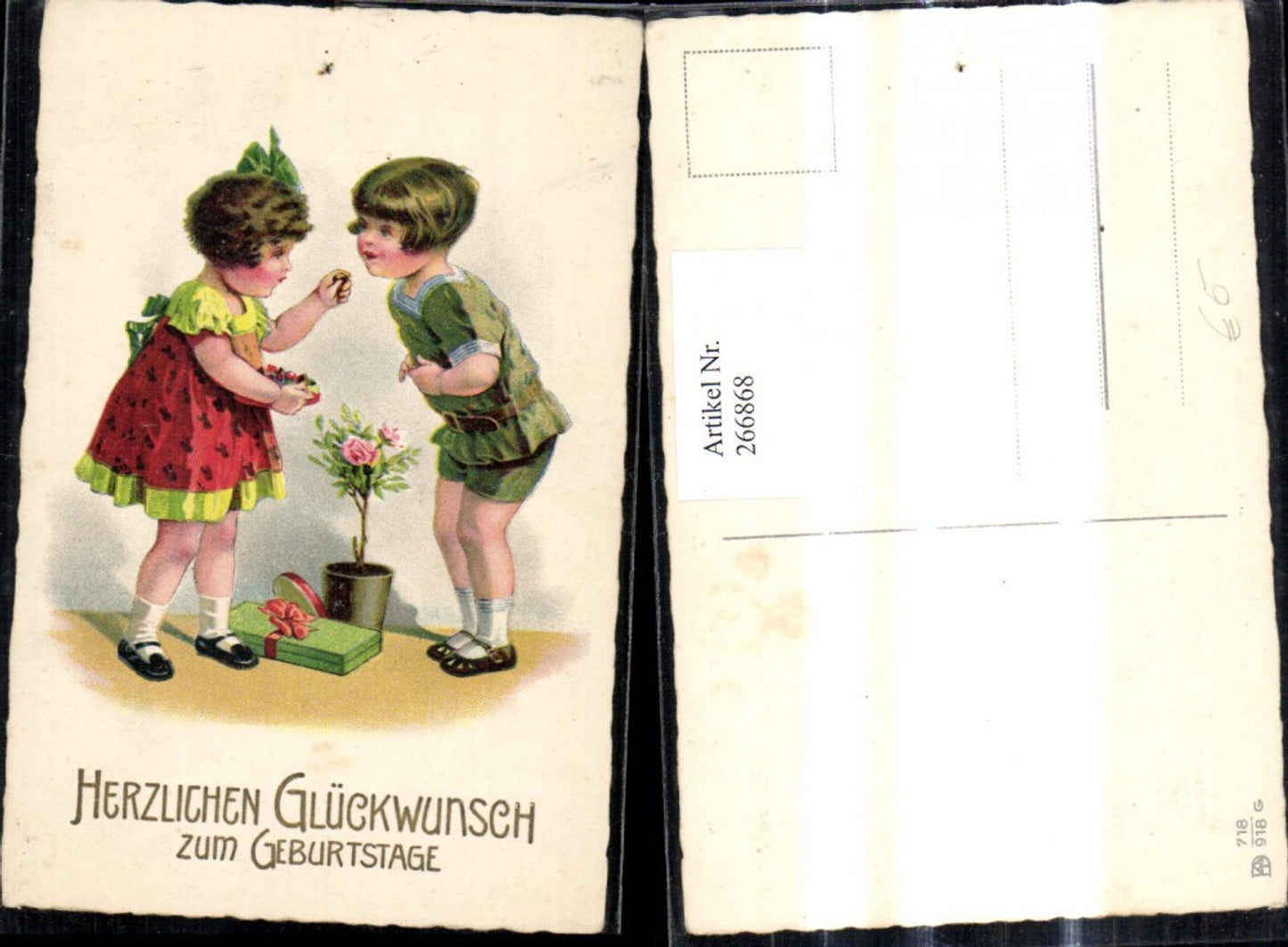 266868,Künstler Ak Kinder m. Rosentopf Geschenke Pralinen Geburtstag