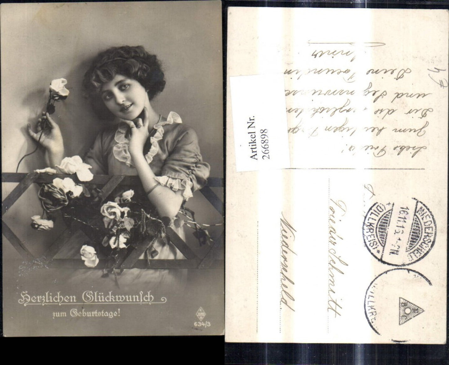 266898,Foto Ak Frau Portrait m. Rosen Blumen Geburtstag