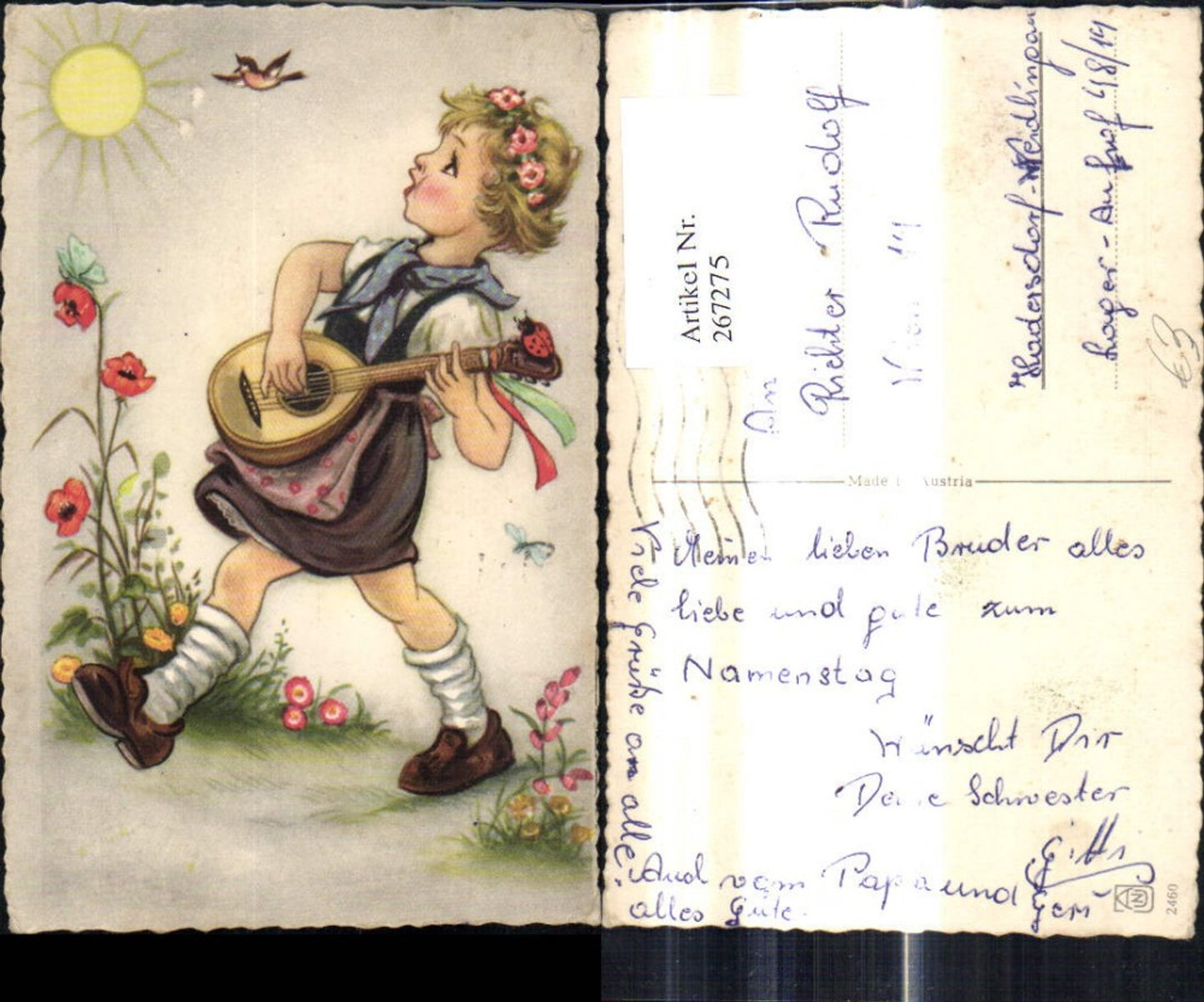 267275,Künstler Ak Kind Mädchen m. Mandoline Sonne Vögel Blumen Singen Musik