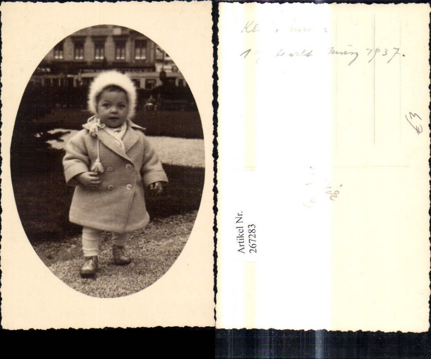 267283,Foto Ak Kind Mädchen i. Mantel Haube Passepartout